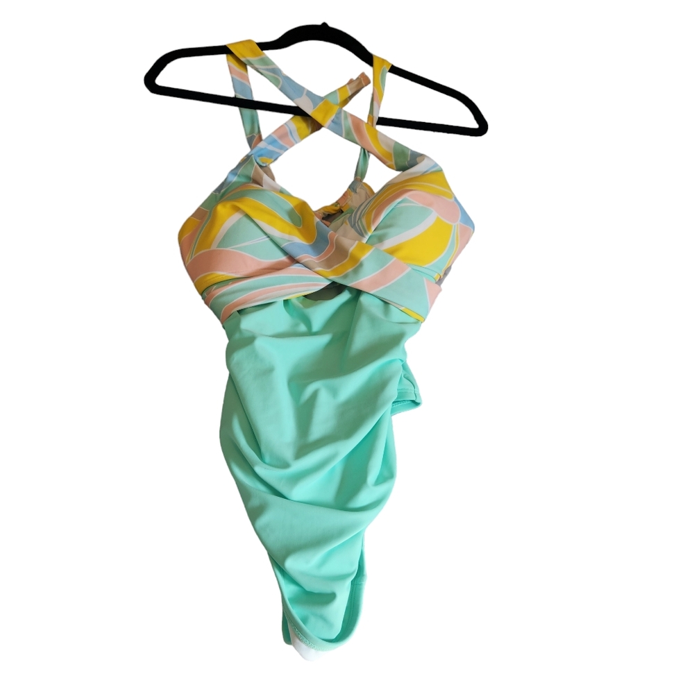Cupshe pastel bathing suit. Green, pink, white, and yellow. Never worn